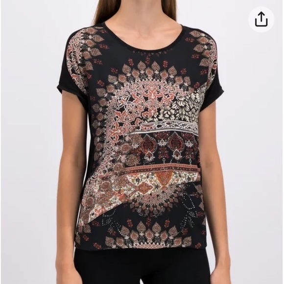 DESIGUAL boho Hindu abstract floral rhinestone front short sleeve top size small - Picture 1 of 11